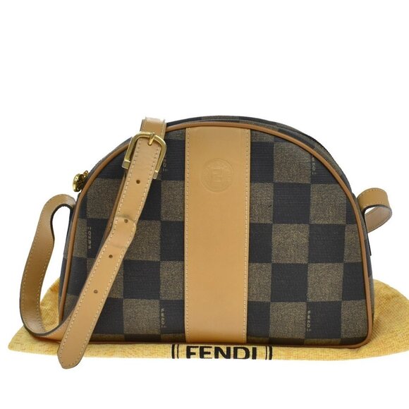 FENDI Logo Shoulder Bag PVC Leather Brown Black GHW Italy 16KB023 - Picture 1 of 15